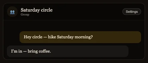 Guardian Angel group screen: the Saturday circle planning a hike together, with your AI ally reflecting what the circle is becoming