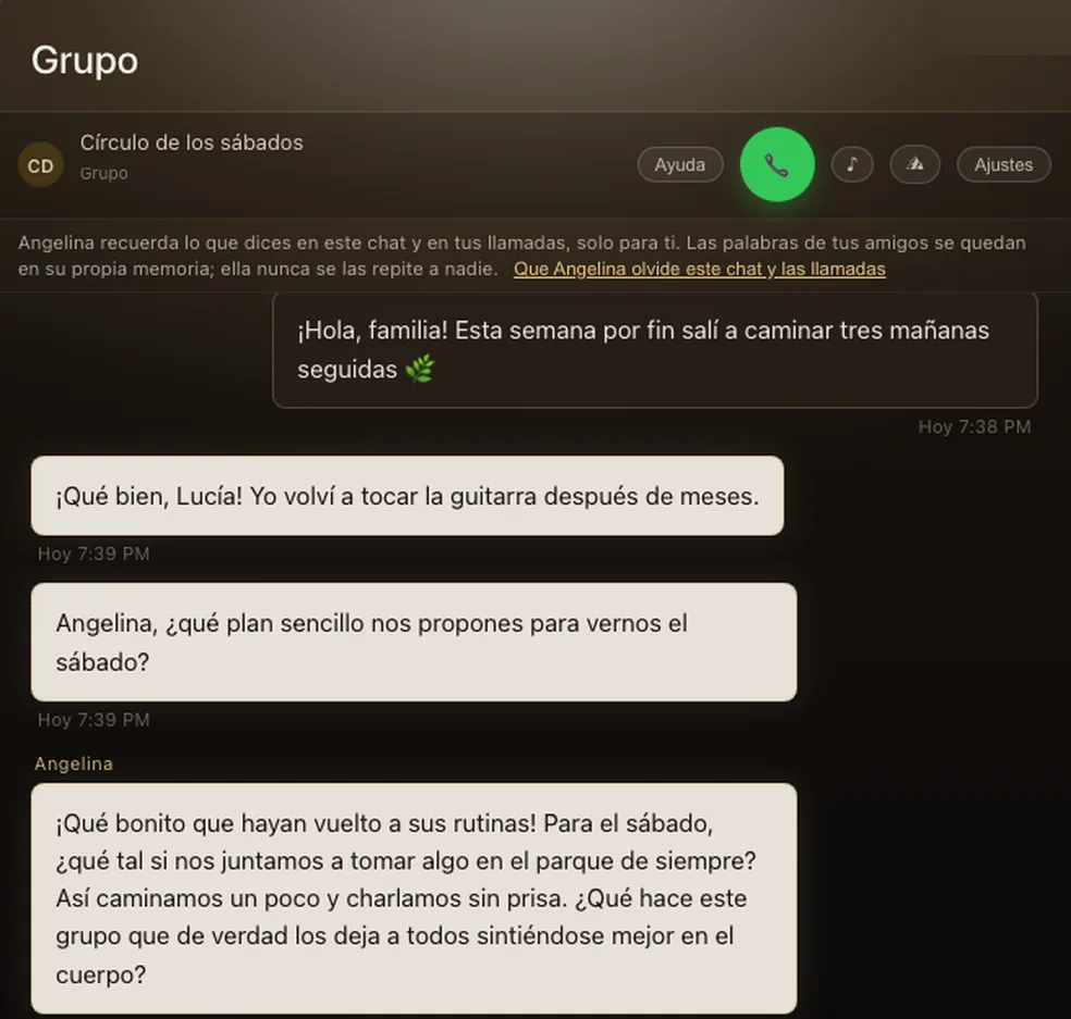 Pantalla de grupo de Guardian Angel: el círculo del sábado planeando una caminata, con tu aliada o aliado de IA reflejando en qué se está convirtiendo el círculo